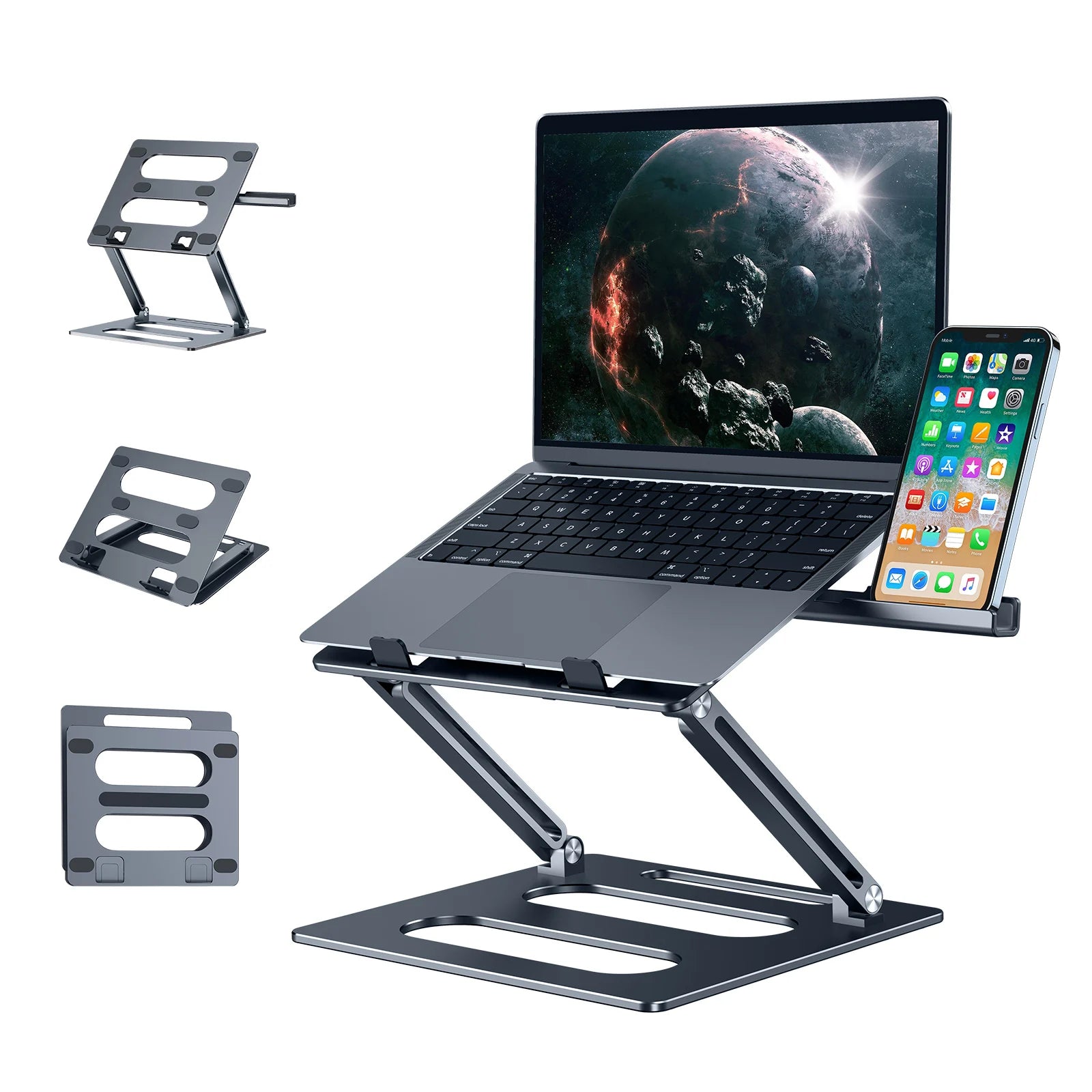 Oatsbasf Foldable Laptop Stand for Desk with Hidden Phone Stand For MacBook Pro Air Hp Tablet Adjustable Height Notebook Holder Eagle Beacon