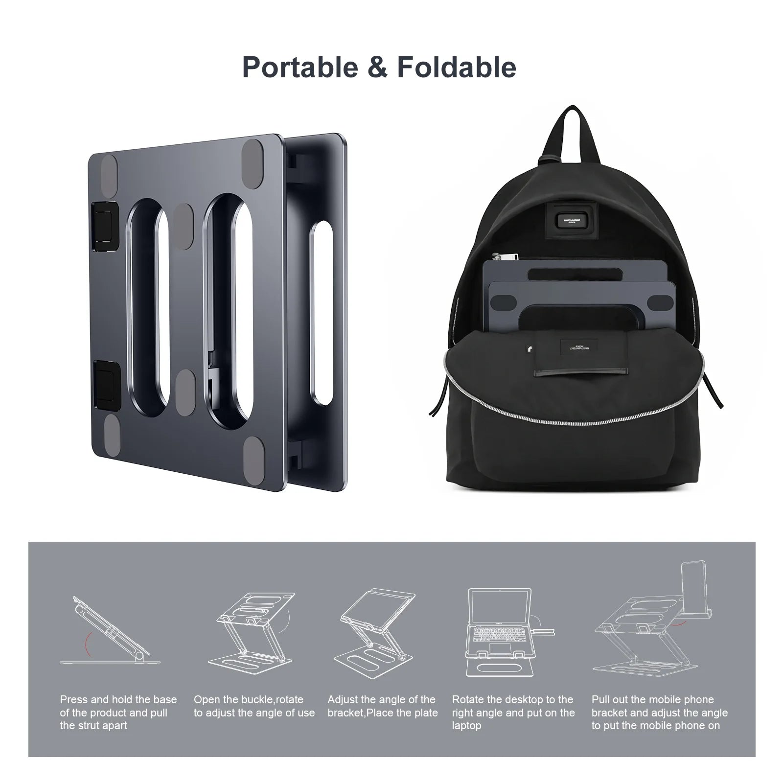 Oatsbasf Foldable Laptop Stand for Desk with Hidden Phone Stand For MacBook Pro Air Hp Tablet Adjustable Height Notebook Holder Eagle Beacon
