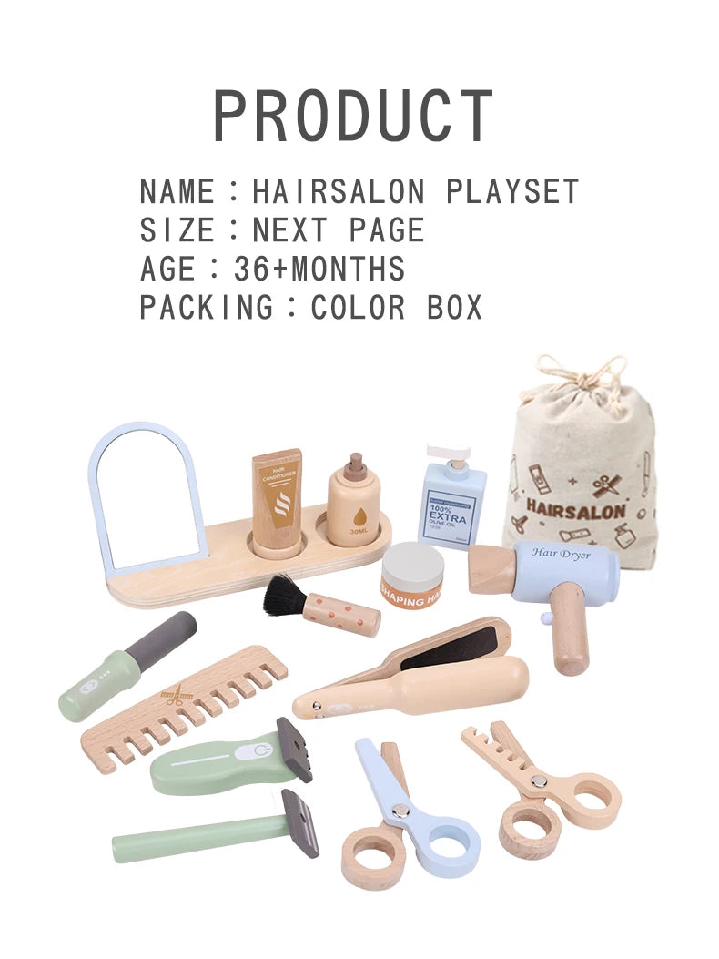 Simulation children's wooden haircut role-playing tools including scissors, hair dryer, comb and hairdressing accessories Eagle Beacon
