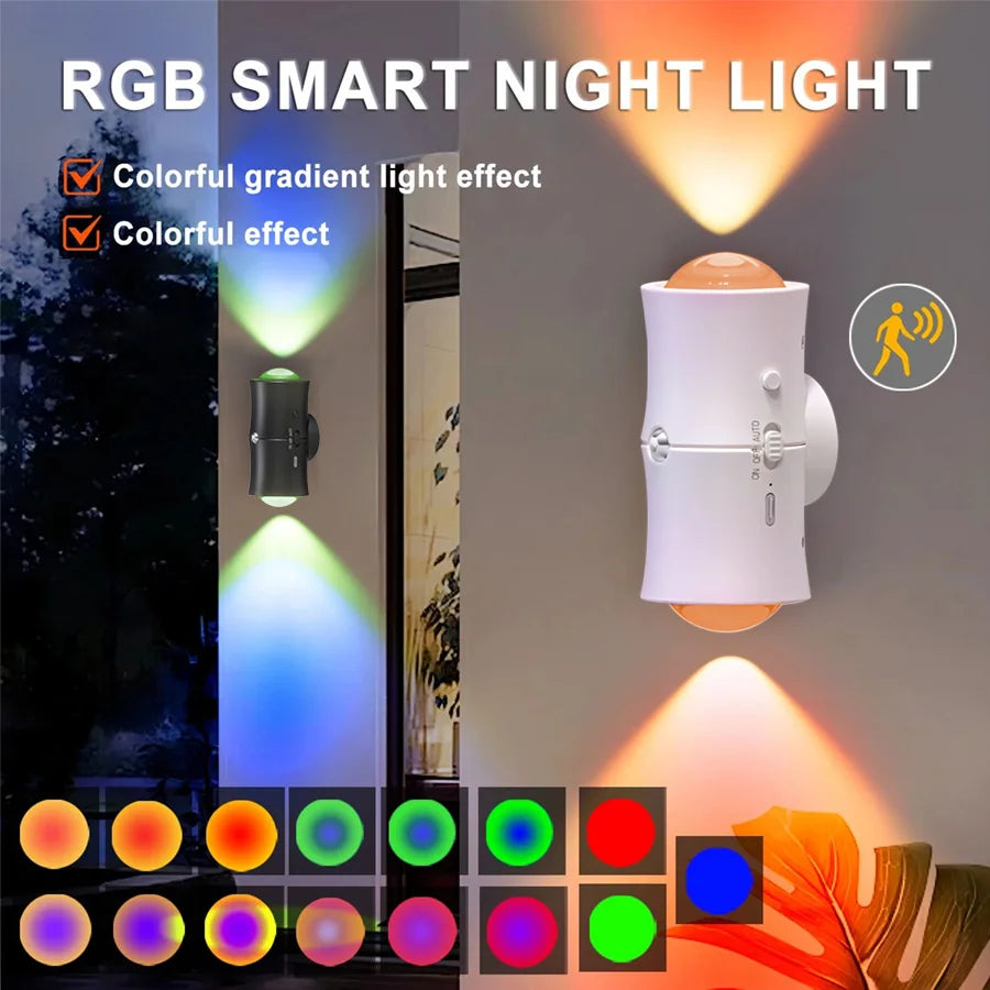 Motion Sensor LED Wall Lamp Tricolor RGB Rechargeable Double-head Magnetic Night Light For Bedroom Hallway Stair Aisle Lighting Eagle Beacon