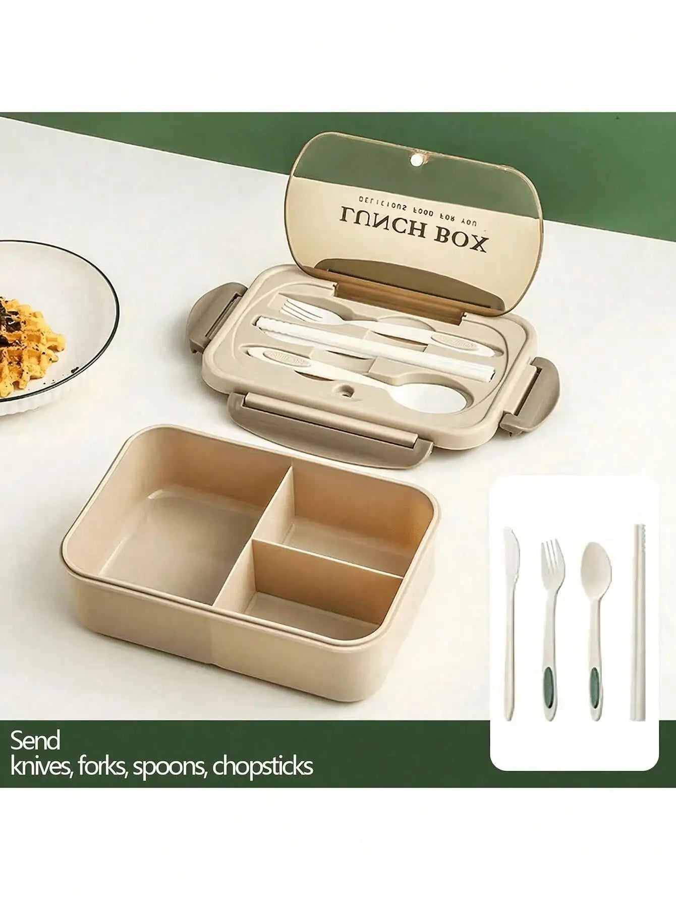 1pc lunch box with two compartments, built-in cutlery set, reusable and microwave heated (with lid removed), suitable for kitche Eagle Aerie