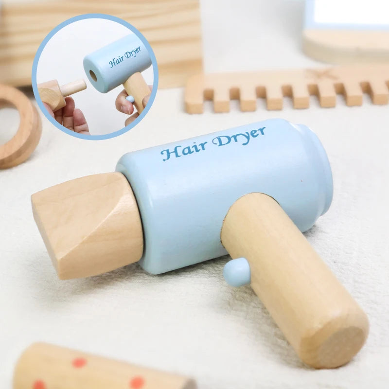 Simulation children's wooden haircut role-playing tools including scissors, hair dryer, comb and hairdressing accessories Eagle Beacon