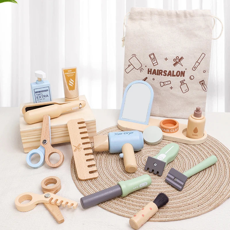 Simulation children's wooden haircut role-playing tools including scissors, hair dryer, comb and hairdressing accessories Eagle Beacon