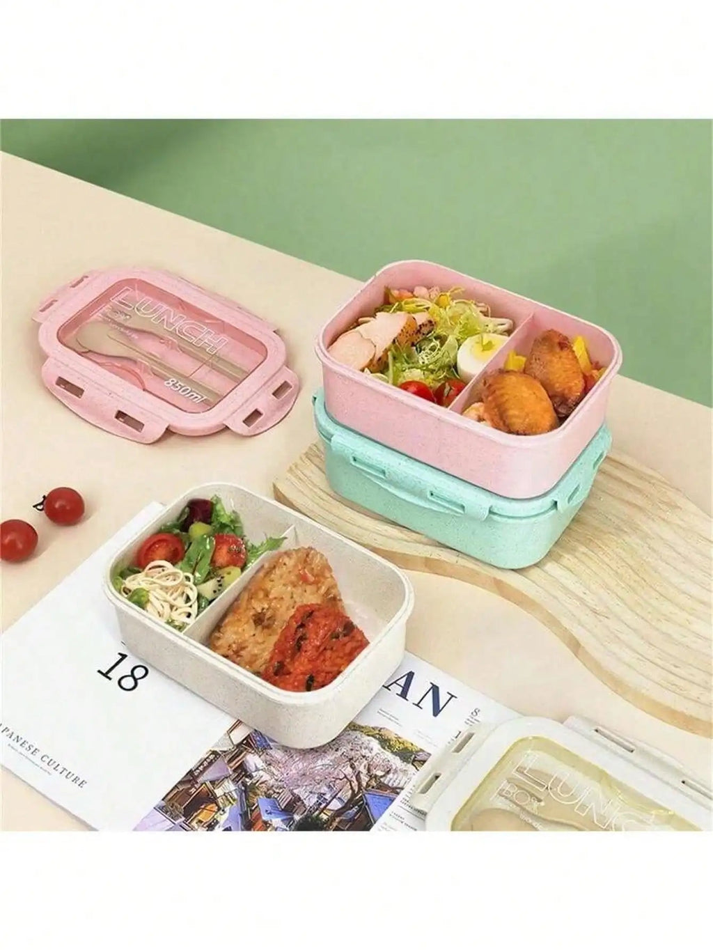 1pc lunch box with two compartments, built-in cutlery set, reusable and microwave heated (with lid removed), suitable for kitche Eagle Aerie