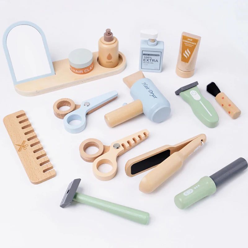 Simulation children's wooden haircut role-playing tools including scissors, hair dryer, comb and hairdressing accessories Eagle Beacon