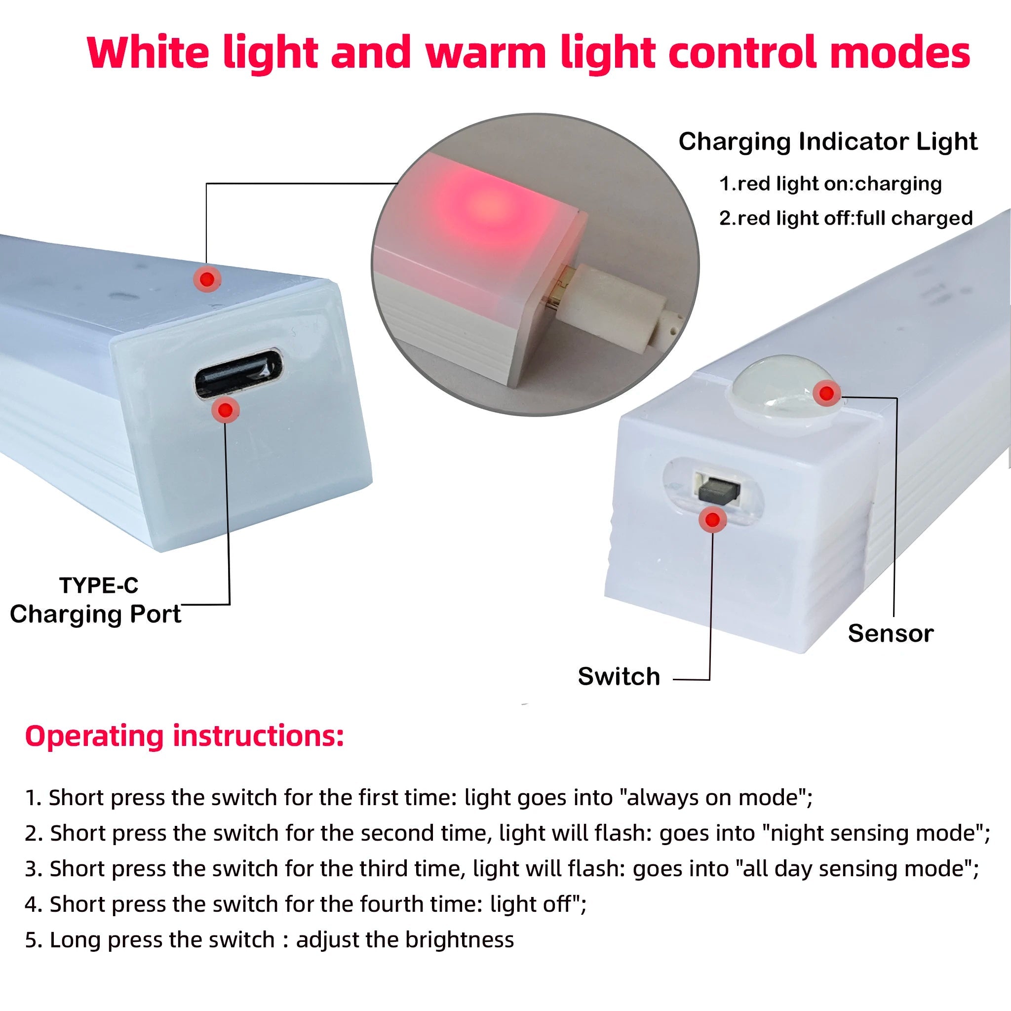 Motion Sensor Lamp Night Light Wireless LED USB Type C Rechargeable Lamp for Kitchen Cabinet Bedroom Wardrobe Staircase Lighting Eagle Beacon