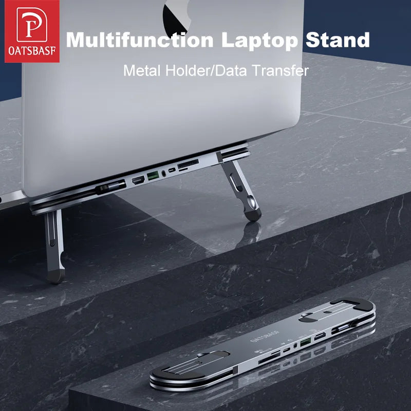 Oatsbasf Foldable Laptop Stand for Desk with Hidden Phone Stand For MacBook Pro Air Hp Tablet Adjustable Height Notebook Holder Eagle Beacon