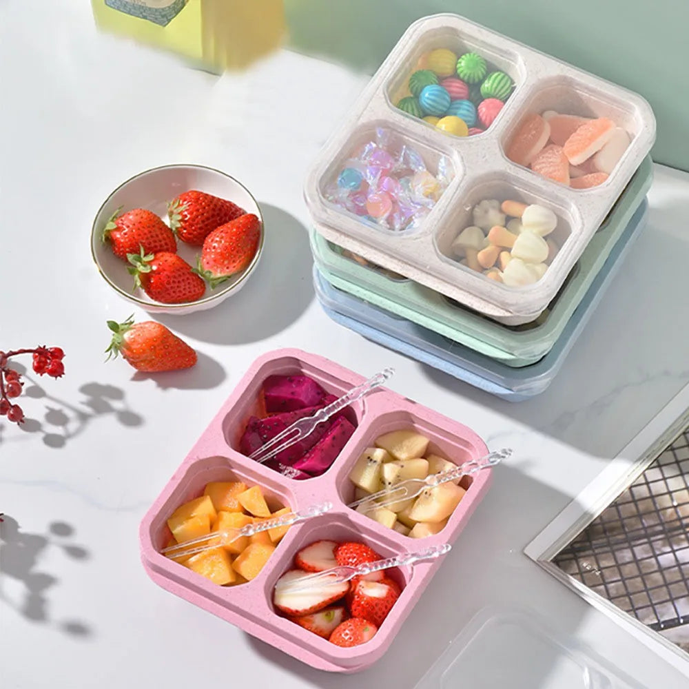 Reusable 4 Compartments Lunch Box Snack Dim Sum Nut Candy Box with Cover Wheat Straw Four Grid Snack Containers Meal Prep Eagle Aerie