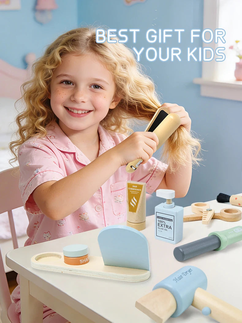 Simulation children's wooden haircut role-playing tools including scissors, hair dryer, comb and hairdressing accessories Eagle Beacon
