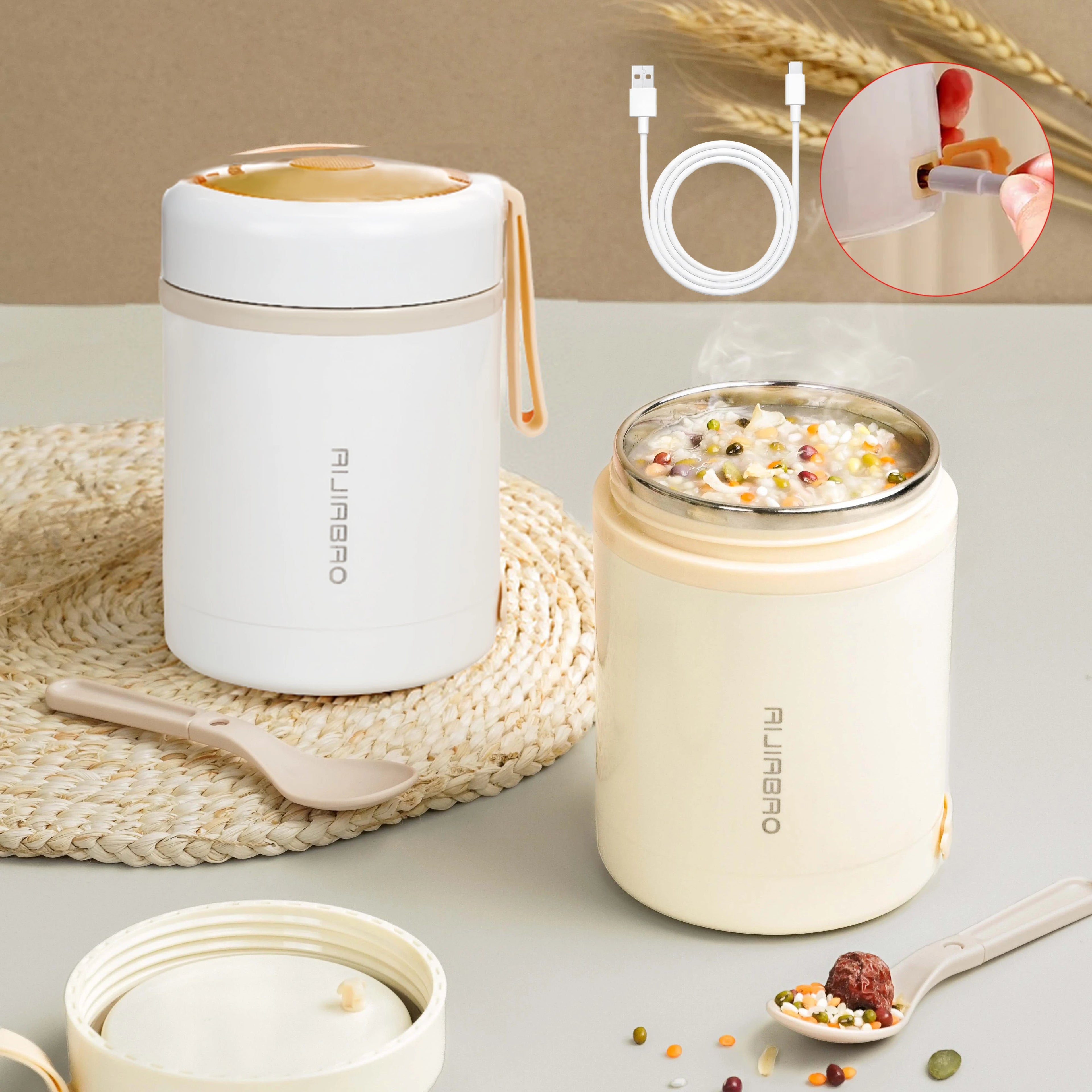 600ML Portable USB Electric Heating Lunch Box Stainless Steel Food Warmer with Drink Function for Picnics Food Heater Eagle Aerie