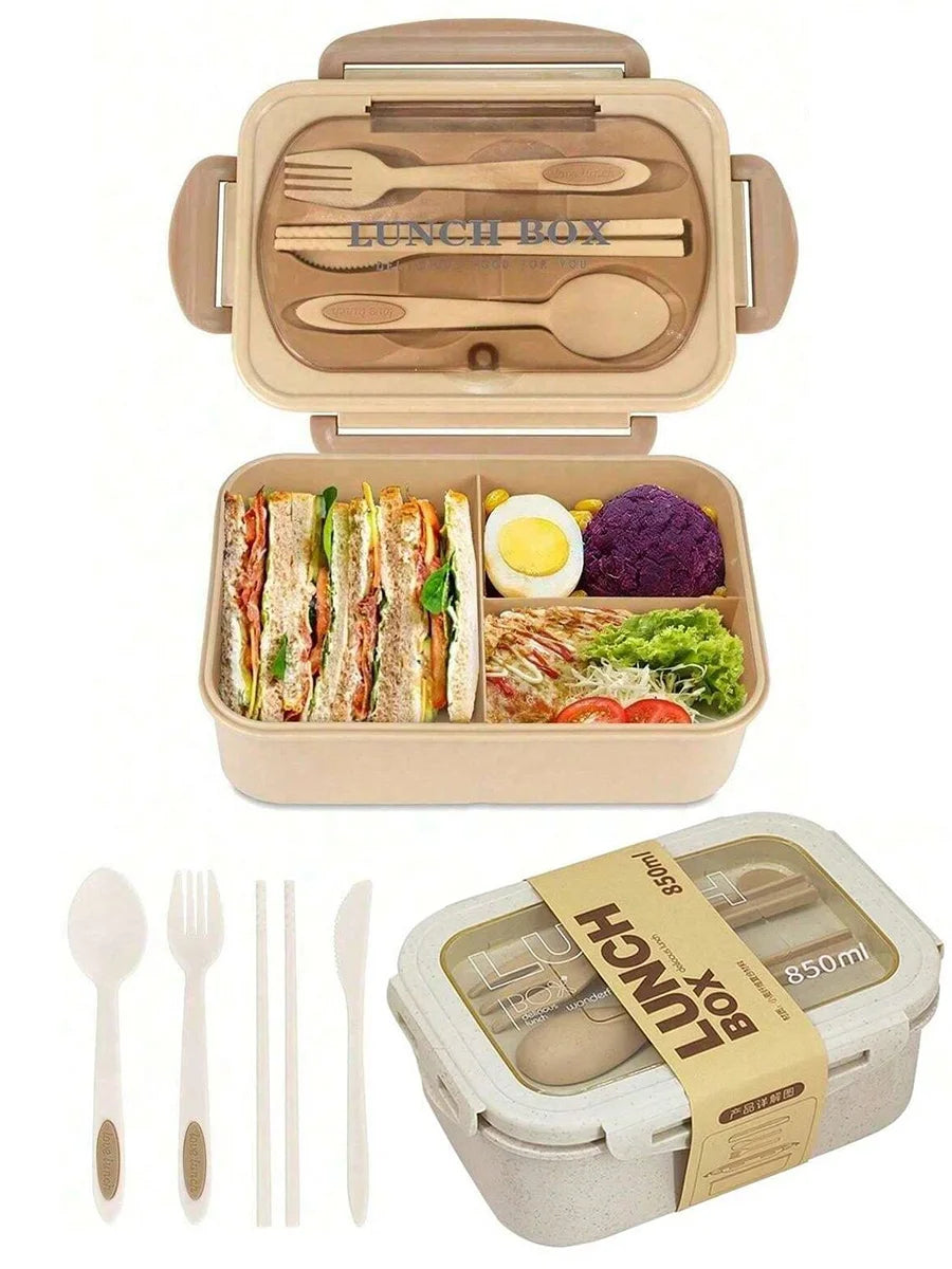 1pc lunch box with two compartments, built-in cutlery set, reusable and microwave heated (with lid removed), suitable for kitche Eagle Aerie