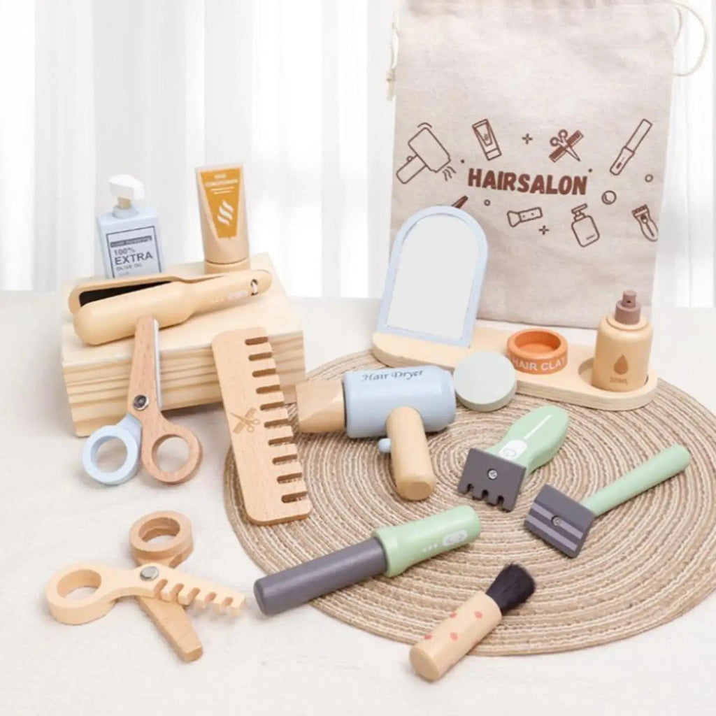 Simulation children's wooden haircut role-playing tools including scissors, hair dryer, comb and hairdressing accessories Eagle Beacon
