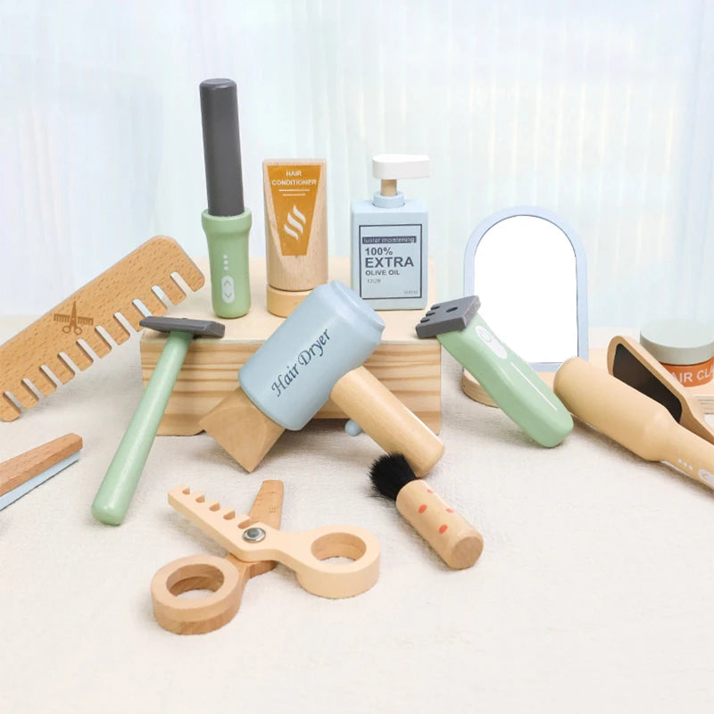 Simulation children's wooden haircut role-playing tools including scissors, hair dryer, comb and hairdressing accessories Eagle Beacon