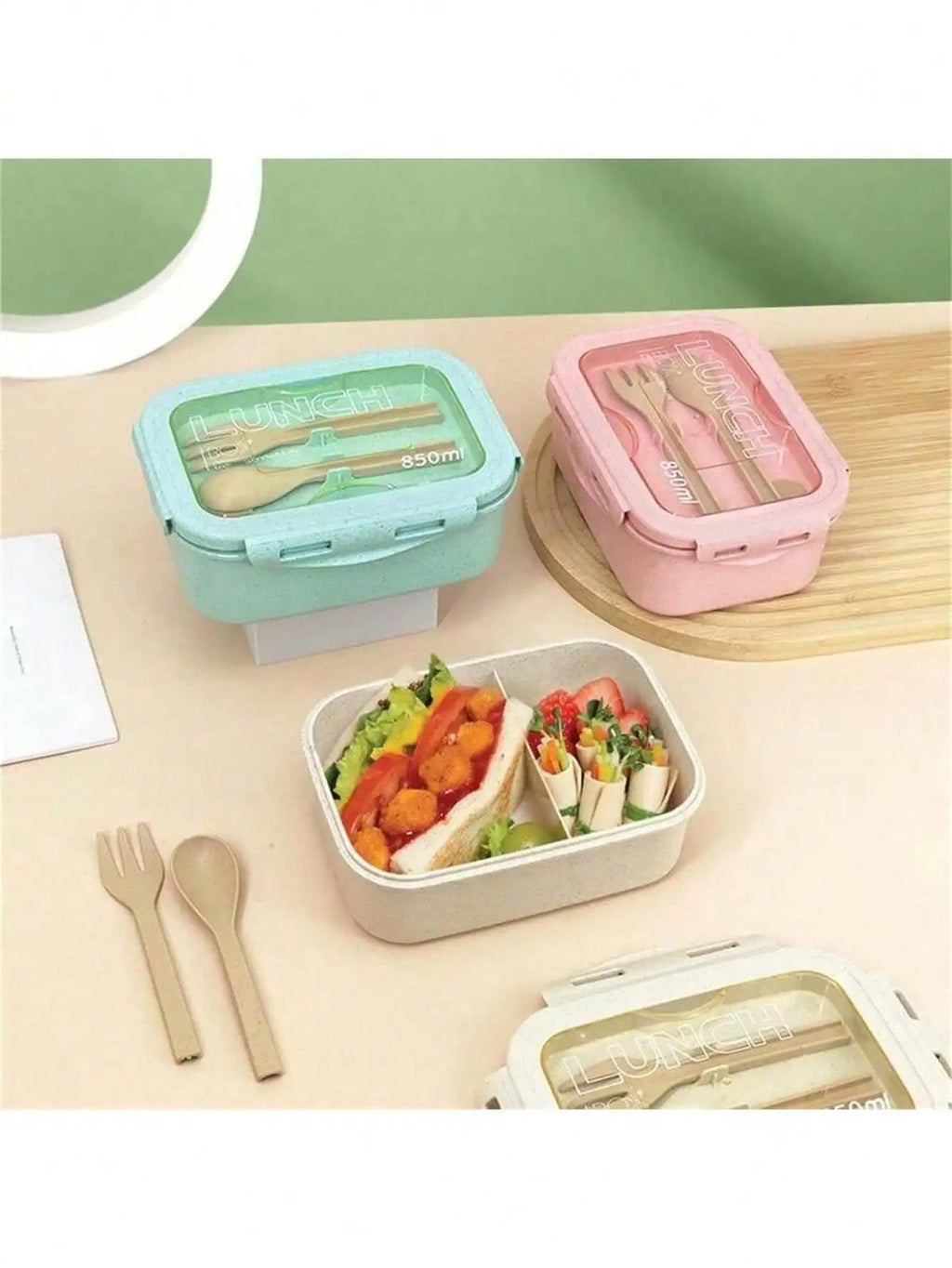 1pc lunch box with two compartments, built-in cutlery set, reusable and microwave heated (with lid removed), suitable for kitche Eagle Aerie