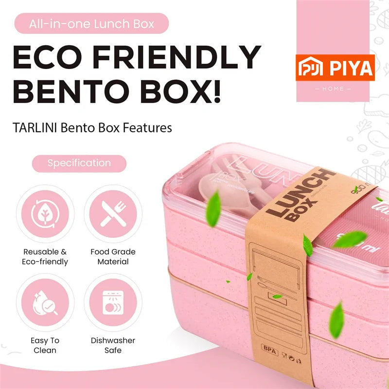 3-In-1 Compartment Wheat Straw Bento Box Reusable Tableware Lunch Containers Meal and Snack Food Containers Portable Lunch Box Eagle Aerie