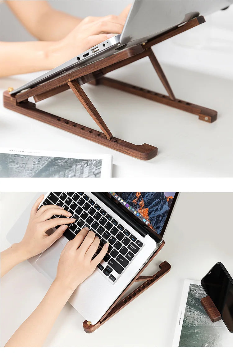 Wood Laptop Stand Foldable 8 Levels Height Adjustable Portable Notebook Holder Computer Support for MacBook Air Pro 11-17'' Eagle Beacon