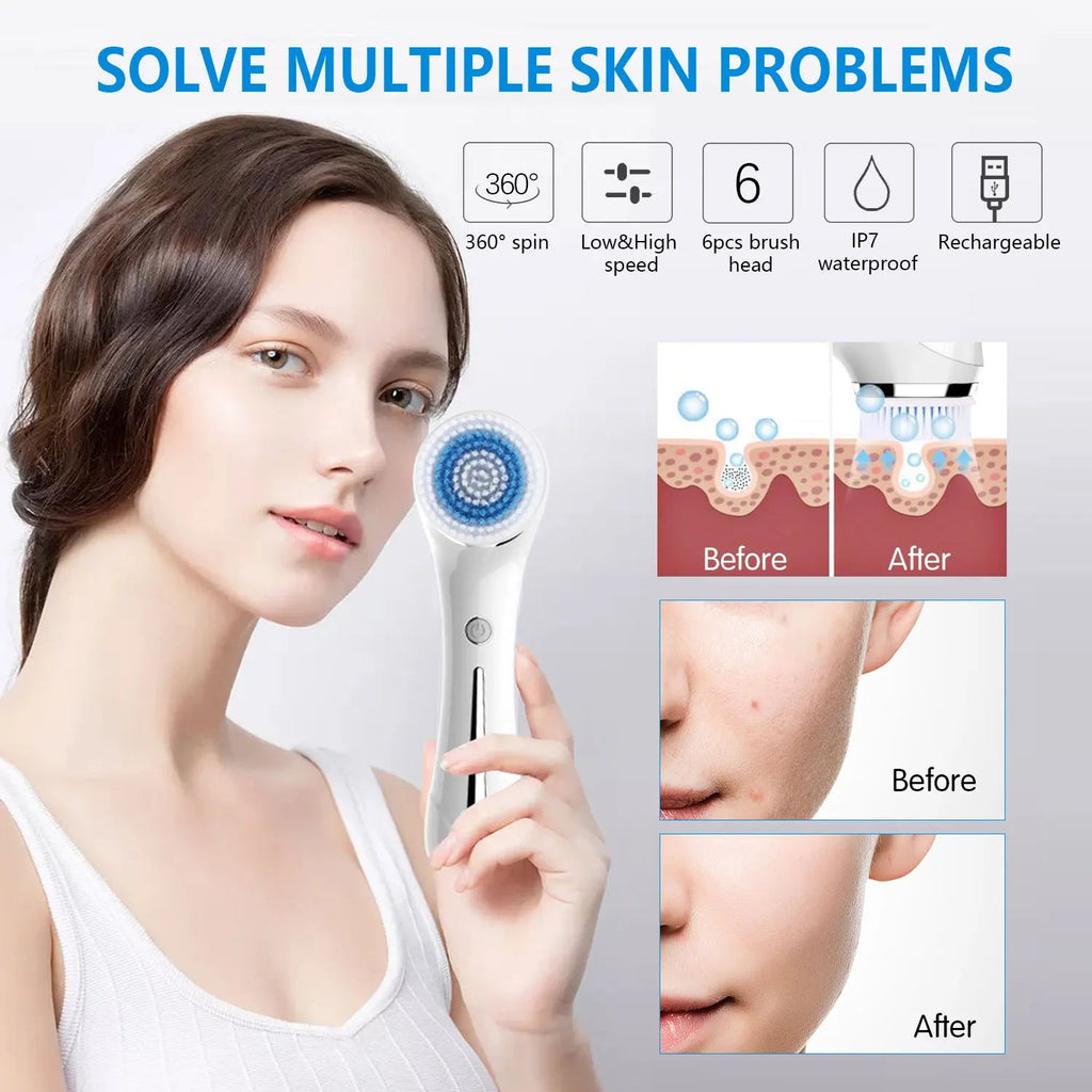 Facial Cleansing Brush, 2 in 1 Waterproof IPX7 Facial Spin Scrubber Set with 4 Brush Heads, Rechargeable Exfoliating Face Brush Eagle Beacon