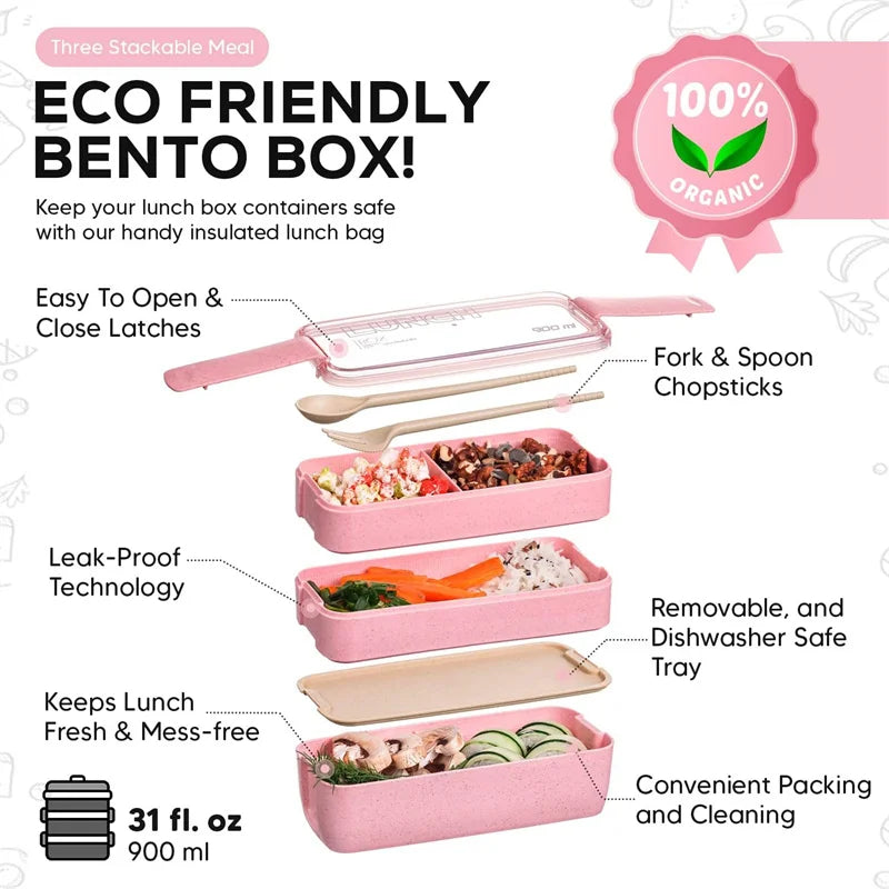 3-In-1 Compartment Wheat Straw Bento Box Reusable Tableware Lunch Containers Meal and Snack Food Containers Portable Lunch Box Eagle Aerie