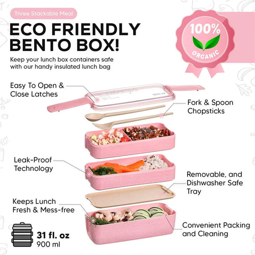 3-In-1 Compartment Wheat Straw Bento Box Reusable Tableware Lunch Containers Meal and Snack Food Containers Portable Lunch Box Eagle Aerie