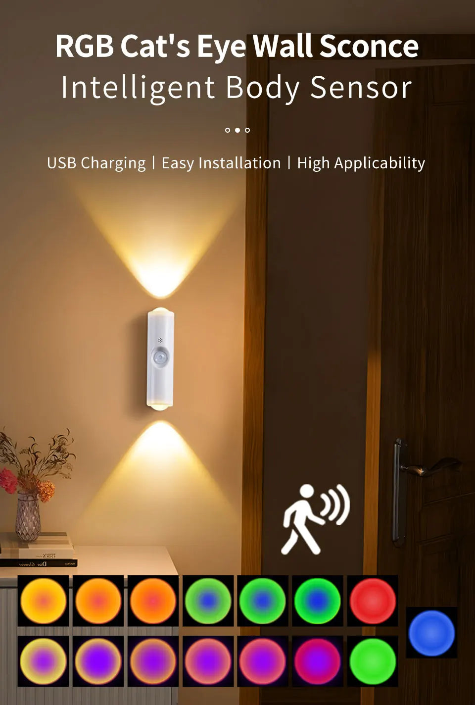 Magnetic Motion Sensor Smart Light LED Rechargeable Wall Gradient Ambient Light Dimmable Indoor Light for Stairs Hall Entrances Eagle Beacon