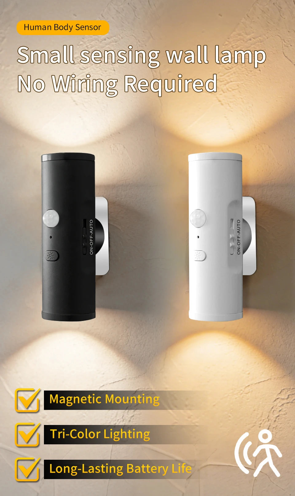 Motion Sensor LED Wall Light Rechargeable Double Head Spotlight 3 Colors Wireless Night Lamp For Bedroom Hallway Stair Ambient Eagle Beacon