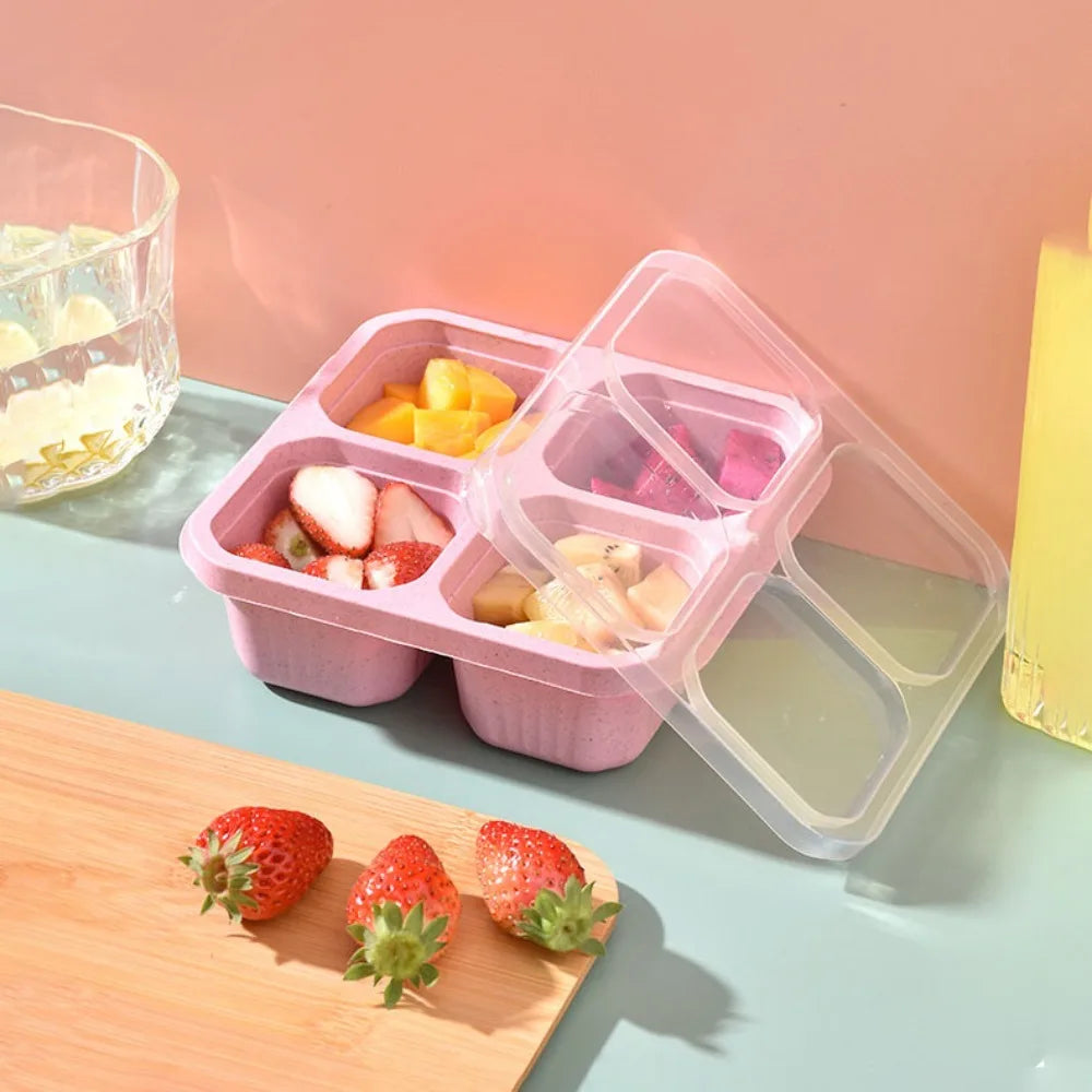 Reusable 4 Compartments Lunch Box Snack Dim Sum Nut Candy Box with Cover Wheat Straw Four Grid Snack Containers Meal Prep Eagle Aerie