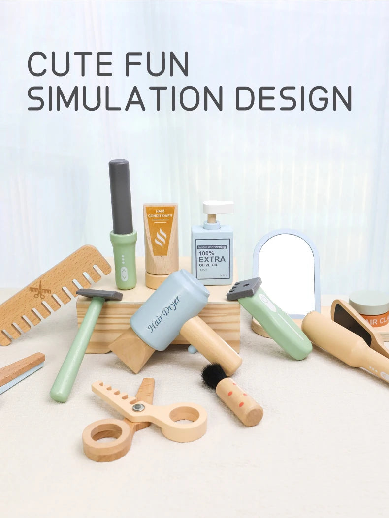 Simulation children's wooden haircut role-playing tools including scissors, hair dryer, comb and hairdressing accessories Eagle Beacon