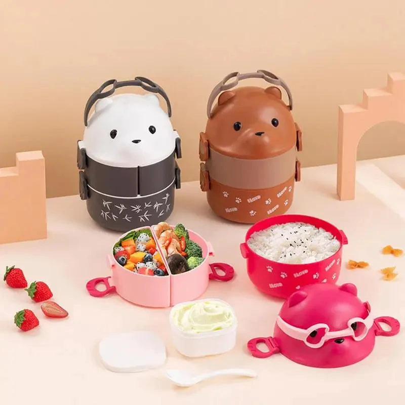 Lunch Box Portable Insulated Lunch Container Set Stackable Bento Cartoon Eyeglass Bear Shape Food Storage Container For Kids Eagle Aerie