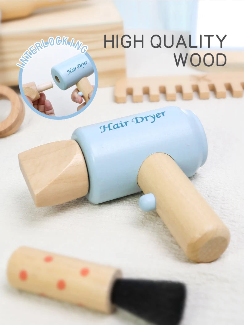 Simulation children's wooden haircut role-playing tools including scissors, hair dryer, comb and hairdressing accessories Eagle Beacon