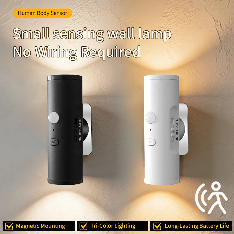 Motion Sensor LED Wall Light Rechargeable Double Head Spotlight 3 Colors Wireless Night Lamp For Bedroom Hallway Stair Ambient Eagle Beacon