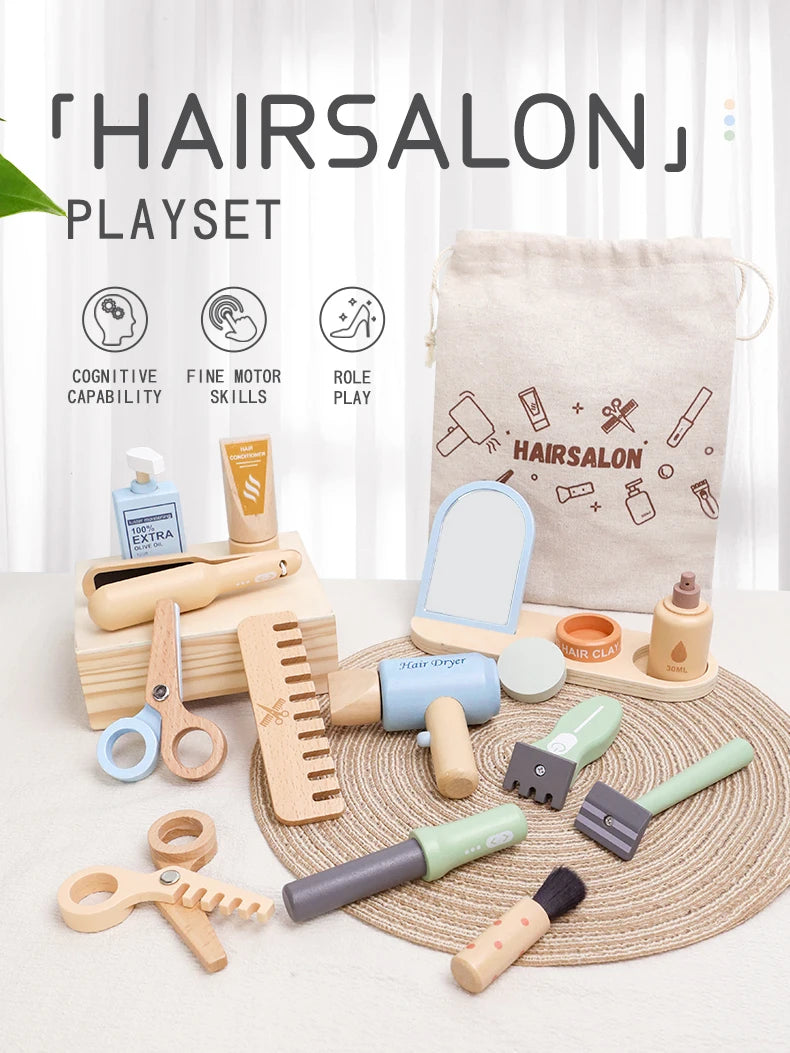 Simulation children's wooden haircut role-playing tools including scissors, hair dryer, comb and hairdressing accessories Eagle Beacon