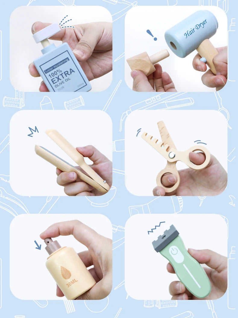 Simulation children's wooden haircut role-playing tools including scissors, hair dryer, comb and hairdressing accessories