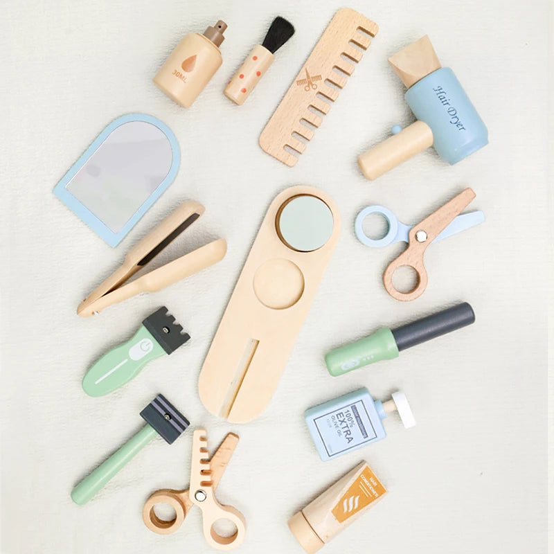 Simulation children's wooden haircut role-playing tools including scissors, hair dryer, comb and hairdressing accessories Eagle Beacon