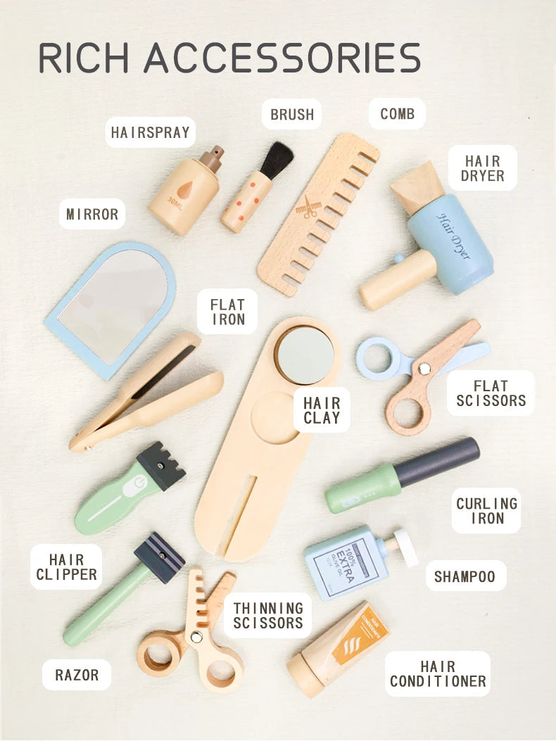 Simulation children's wooden haircut role-playing tools including scissors, hair dryer, comb and hairdressing accessories Eagle Beacon
