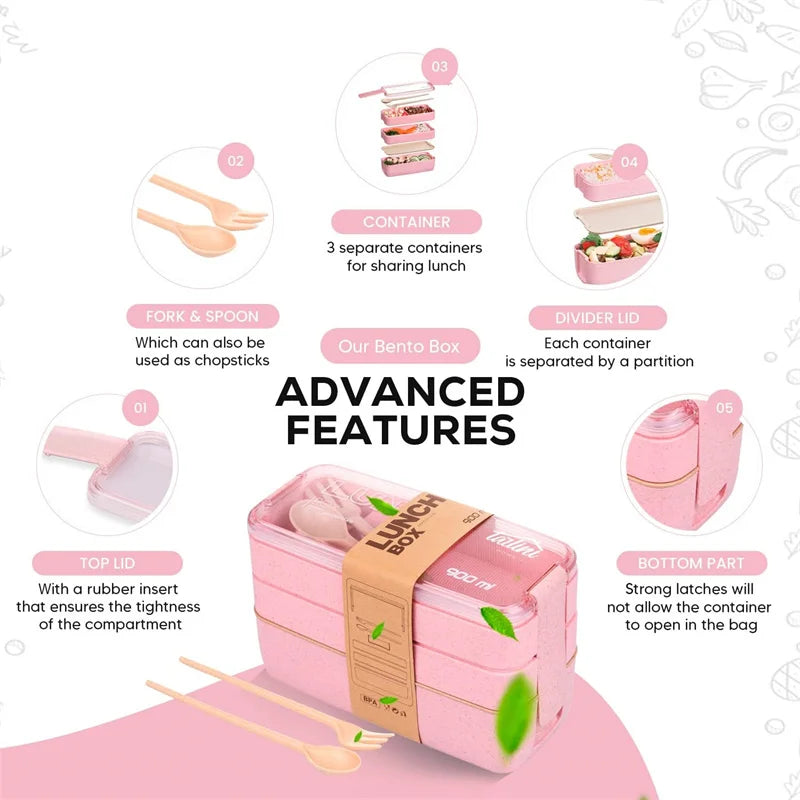 3-In-1 Compartment Wheat Straw Bento Box Reusable Tableware Lunch Containers Meal and Snack Food Containers Portable Lunch Box Eagle Aerie