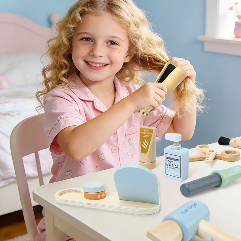 Simulation children's wooden haircut role-playing tools including scissors, hair dryer, comb and hairdressing accessories Eagle Beacon