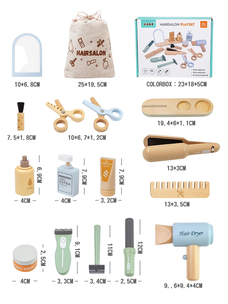 Simulation children's wooden haircut role-playing tools including scissors, hair dryer, comb and hairdressing accessories Eagle Beacon